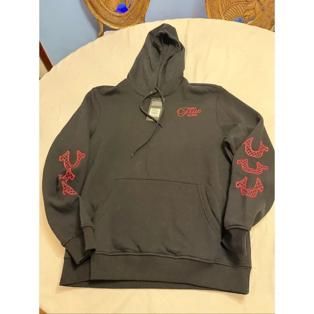 NWT True Religion Men’s Black Red Pullover Hoodie Sweatshirt Size Large New